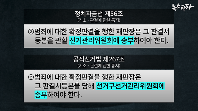 정치관계법(정치자금법 및 공직선거법) 판결문 송부 조항