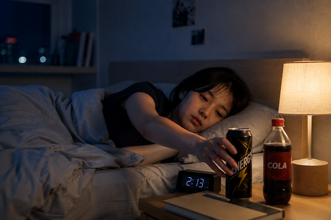 에너지 음료를 과다하게 마시고 잠을 이루지 못하는 여성의 모습을 AI로 생성한 이미지. [ 챗GPT]