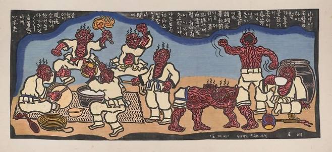 오윤, 〈도깨비〉, 1985, 광목에 고무판, 채색, 87.5×207㎝. 도깨비들이 음식을 나누고 춤추는 모습을 역동적으로 담아낸 작품으로, 오윤 특유의 해학과 신명이 드러난다. 국립현대미술관 소장·서울시립미술관