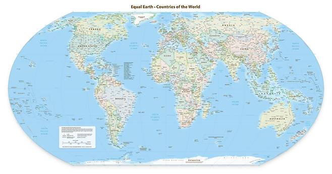 2018년 개발된 '이퀄어스(Equal Earth·평등한 지구) 도법'을 사용한 세계지도. 미국 의회도서관