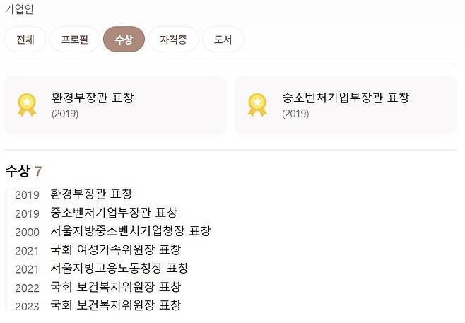 포털사이트에 게시된 양모씨의 수상 이력. 네이버 캡처