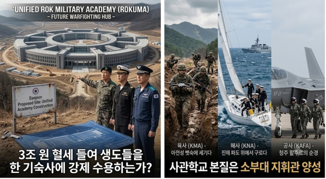 사관학교 본질은 소부대 지휘관 양성으로 각군 전문성 강화에 있다. 3조원 혈세 들여 육·해·공 생도들을 한 기숙사에 억지로 수용하는 한다고 합동성이 강화되는 것도 아니다.  오상봉 예비역 대령 AI 그림