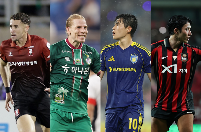 프로축구 K리그1 8월 'EA SPORTS 이달의선수상' 후보에 오른 갈레고(부천FC·사진 왼쪽부터), 루빅손(대전하나시티즌), 이동경(울산HD), 정승원(FC서울).
