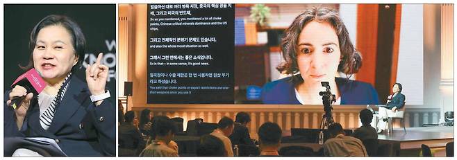10일 서울 중구 신라호텔에서 열린 제27회 세계지식포럼 '무역전쟁에서 승리하는 법' 세션에서 수마야 케인스 파이낸셜타임스(FT) 칼럼니스트가 영상으로 유명희 전 산업통상자원부 통상교섭본부장과 대담을 진행하고 있다. 이 자리에서 케인스 칼럼니스트는 중견국가들 간의 건설적인 협력을 제안했다. 한주형 기자