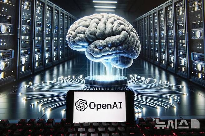 [보스턴=AP/뉴시스] 2023년 12월8일 미국 보스턴에서 챗GPT의 이미지 생성 모델 달리(DALL-E)가 만든 이미지가 컴퓨터 화면에 표시된 가운데 휴대전화에 오픈AI 로고가 보이고 있다. 2023.12.08.