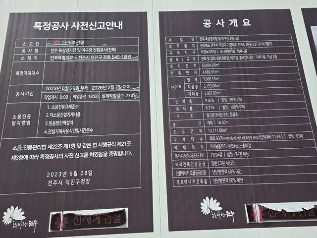 야구장과 육상경기장 현장 입구에 붙어있는 공사 개요 안내. / 문준혁 인턴기자