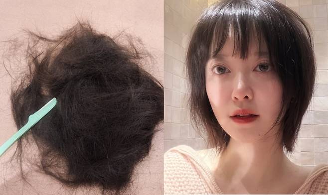 구혜선이 눈썹칼로 직접 머리카락을 자른 모습을 공개했다. /사진=인스타그램 갈무리