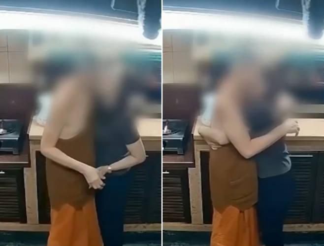 태국의 한 왕실 사찰 주지스님이 수십억원 규모의 자금을 횡령해 친밀한 관계의 여성 신도에게 송금하는 등 혐의로 체포됐다고 지난 11일(현지시간) 태국 경찰이 밝혔다. 사진은 해당 사찰 주지스님이 여성 신도와 사찰 내부에서 입맞춤하고 포옹하는 모습이 촬영된 폐쇄회로(CC)TV 영상 장면들. 채널3 보도화면 캡처