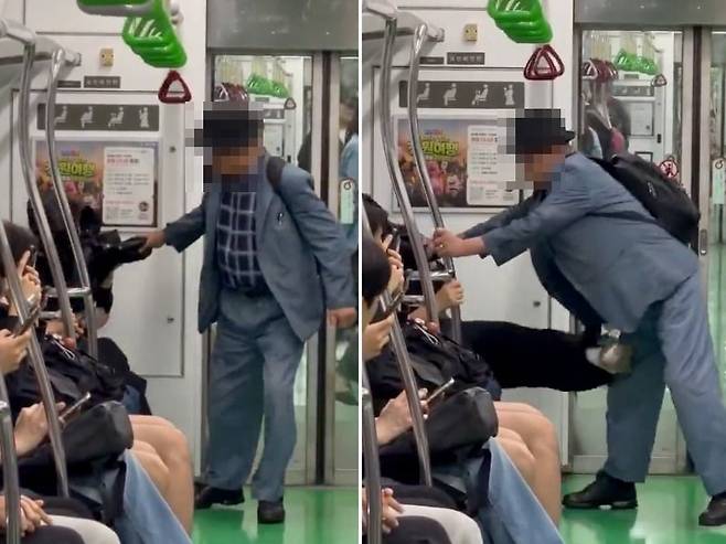 서울 지하철 2호선 교통약자석에서 한 노인이 앉아 있던 여성의 옷을 잡아끌자(왼쪽) 여성이 발길질을 하며 저항하고 있다. /사진=엑스