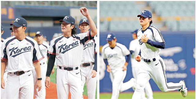 곽빈(왼쪽 사진 오른쪽) 등 2026 아이치·나고야 아시안게임에 출전하는 야구대표팀이 15일 서울 고척스카이돔에서 공식 훈련을 소화하고 있다. 오른쪽 사진은 코 수술 후 대표팀에 합류해 정상 훈련을 소화한 김도영.  연합뉴스 뉴시스