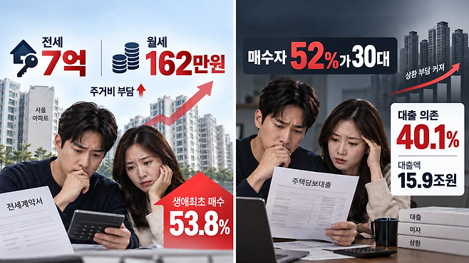 서울 아파트 전·월세 부담이 커지는 가운데 30대 주택 매수자들은 매수자금의 40%가량을 금융기관 대출로 마련한 것으로 나타났다. ChatGPT 생성 이미지