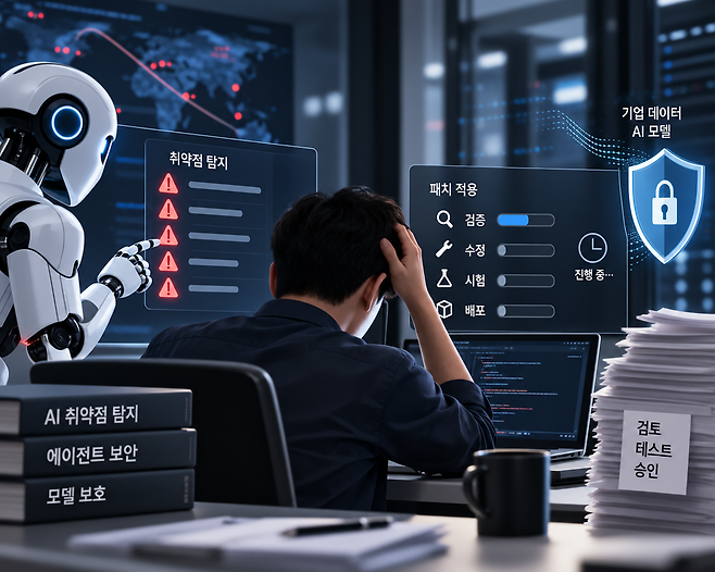 인공지능(AI) 에이전트가 보안 취약점을 찾아내는 속도는 빨라지고 있지만 발견한 취약점을&nbsp;검증하고 수정해 서비스에 적용하는 속도는 이를&nbsp;따라가지 못하고 있다는 지적이 나온다. 취약점을 얼마나 많이 찾느냐보다 탐지한 문제를 '검증된 수정'으로 연결하는 역량이 기업 보안의 새로운 병목으로 떠오르고 았다. / 사진=생성형AI(챗GPT) 이미지