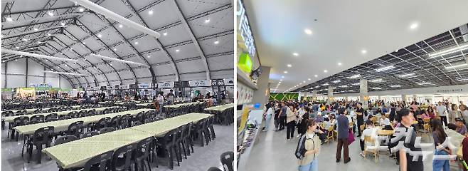 한산한 여수세계섬박람회 주행사장 푸드코드(왼쪽)와 북적이는 2023순천만국제정원박람회 푸드코드. 유대용 기자·순천시 제공