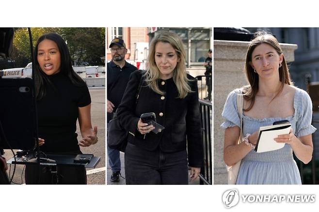 트럼프 '출입 금지' 조치에 백악관 출입 막힌 기자들 왼쪽부터 MS나우의 아케일라 가드너, CNN의 베치 클라인, 폴리티코의 샤이엔 헤이즐럿. [AP=연합뉴스. 재판매 및 DB 금지]