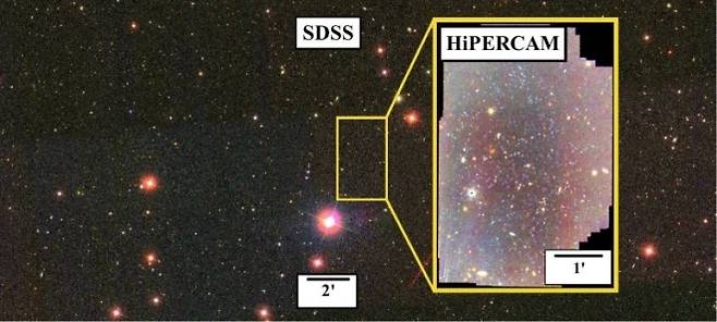 클라우드-9와 주변 우주 이미지. SDSS 이미지와 클라우드-9을 중심으로 확대된 HiPERCAM 초심층 이미지를 함께 표시. 함께 보이는 별은 클라우드-9에 속하지 않는 별. arXiv (2026)