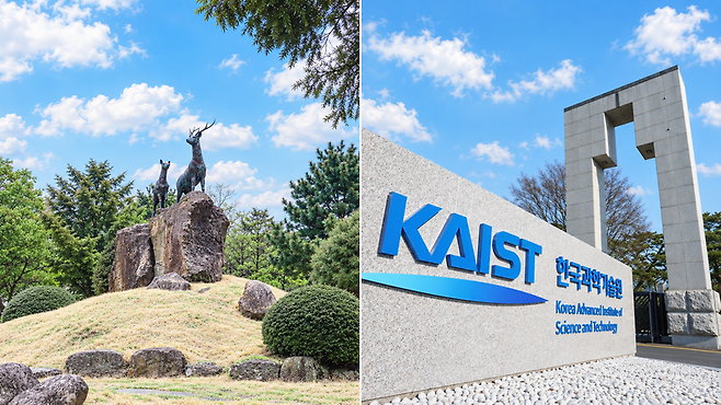 제주대학교 상징인 사슴상(왼쪽)과 KAIST 본원 정문. 제주특별자치도의 88억원 규모 ‘4극3특 지역 자율 연구개발(R&D)’ 사업에 제주대학교와 한국과학기술원(KAIST) 협업형 공동대학원 구상이 포함됐다. 사진=제주대학교·KAIST 제공