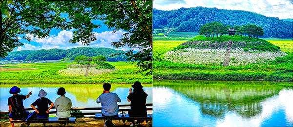 시사단 풍경. 강과 사람, 산과 들판이 어우러진 동양화. 홍수가 나면 오른쪽 시사대의 축대까지 물이 찬다.