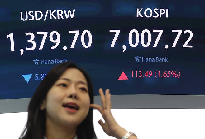 21일 서울 중구 하나은행 딜링룸에서 직원들이 업무를 보고 있다. 이날 코스피는 대형 반도체주 강세에 힘입어 전장보다 113.49포인트(1.65%) 오른 7007.72로 거래를 마쳤다. 오승현 기자.