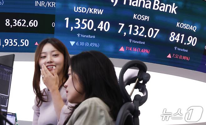 23일 오전 서울 중구 하나은행 본점 딜링룸 전광판에 증시 시황이 표시되어 있다. 이날 코스피는 전 거래일 대비 136.08 포인트(1.94%) 상승한 7153.99, 코스닥은 6.97 포인트(0.84%) 오른 841.35에 출발했다. 2026.9.23 ⓒ 뉴스1 최지환 기자