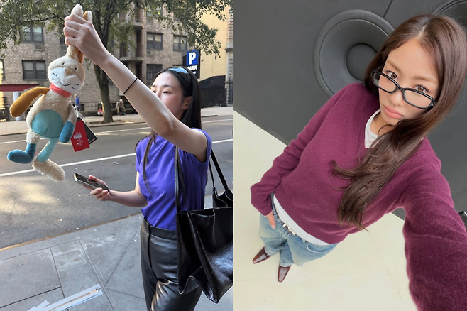 보라색 계열 옷을 착용한 배우 박규영과 가수 트와이스 지효 [박규영, 지효 인스타그램 캡처]