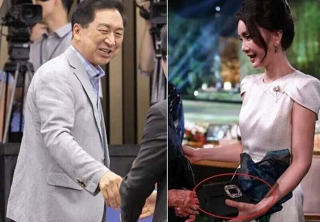 지난해 8월27일 국회에서 열린 국민의힘 의원총회에 참석하는 김기현 국민의힘 의원(왼쪽). 오른쪽은 김건희 여사가 2022년 주요 20개국(G20) 환영 만찬에서 로저 비비에 브랜드의 클러치백을 든 모습. 연합뉴스