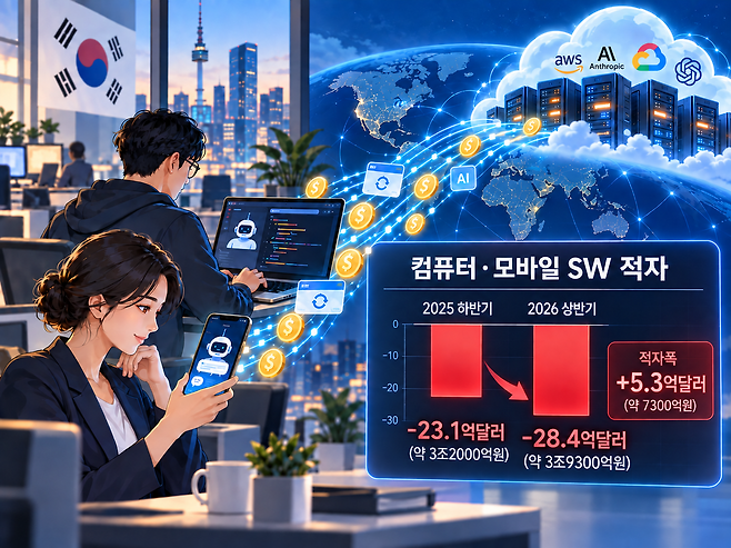 2026년 상반기 국내 지식서비스 무역수지에서 컴퓨터·모바일 소프트웨어 분야는 28.4억달러 적자를 기록했다. 지난해 하반기 23.1억달러 대비 적자폭이 5.3억달러 늘어난 수치다. / 한국은행 자료, 챗GPT 생성