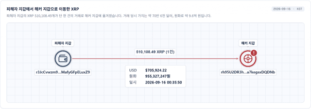 디지털금융범죄대응연구소가 해킹 피해 이용자의 디센트 월렛 앱을 분석한 결과, 지난 16일 오전 12시 35분경 리플 약 51만개를 탈취했다. 현재까지 추가 이동은 없는 상태다.