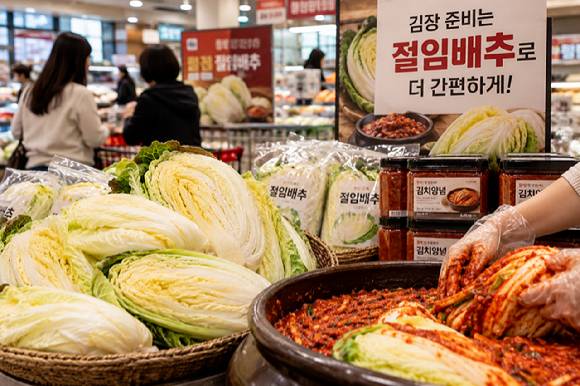 주요 유통채널이 올해 김장철을 맞아 절임배추 물량을 확대하고 김치 양념 등 간편 상품군을 늘리른 등 달라진 수요에 대응하고 있다. [사진=ChatGPT 생성]