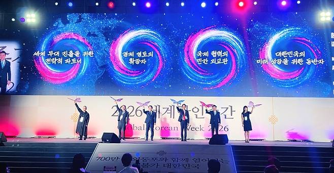 '세계한인주간' 성료 동포청은 지난 9월 27일부터 10월 1일까지 인천 송도컨벤시아 일원에서 '세계한인주간' 행사를 열었다. 개막식에서 김경협 동포청장, 장동혁 국민의힘 당대표와 세계한인회장대회·세계한상대회 운영위원 등이 세레머니를 하고 있다. [연합뉴스 자료사진]