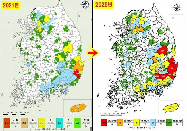 ▲2021년과 2025년 소나무재선충병 피해 상황을 비교한 지도(출처=산림청)