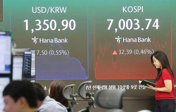 2일 장 마감 후 서울 중구 하나은행 딜링룸 [사진=연합뉴스]