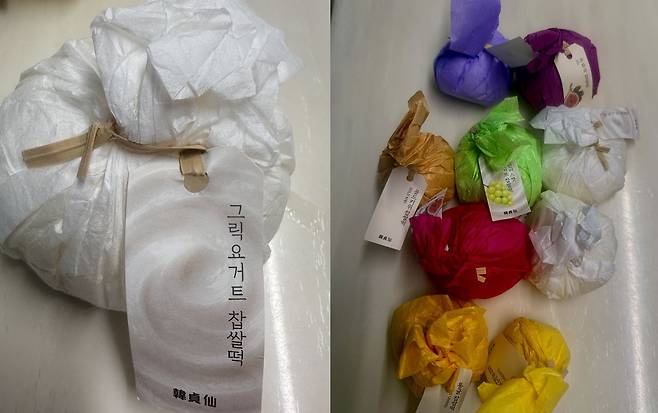 과일찹쌀떡으로 유명한 한정선의 제품들. 복숭아·블루베리·샤인머스캣 등에 요거트 크림을 결합하고, 초콜릿과 카다이프, 피스타치오를 넣은 ‘두바이 찹쌀떡’ 등 다양한 메뉴를 선보이고 있다. 전통적인 팥소 대신 과일과 크림, 바삭한 재료를 더해 여러 식감을 한 번에 경험하게 한 것이 특징이다. 이지영 기자