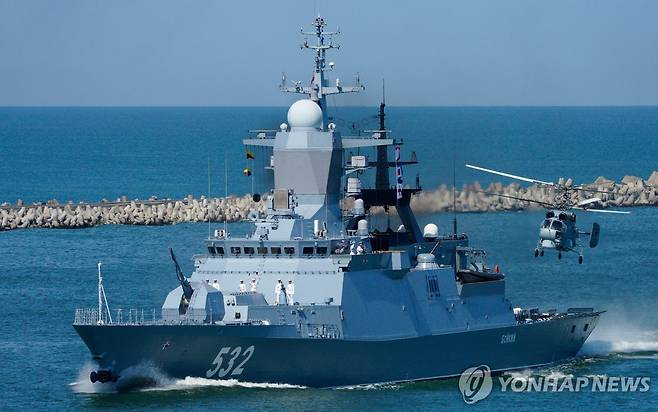 2021년 7월 25일 러시아 역외영토 칼리닌그라드 지역에서 러시아 해군 보이키 초계함이 항해 중이다. [타스 연합뉴스. 재판매 및 DB 금지]