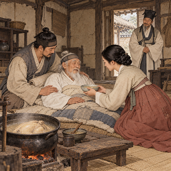 옛날에는 인삼을 구하기 어려운 가난한 집에서 계고(鷄膏)를 보양식이자 약처럼 활용했다. 또한 계고는 혈이 마르고 폐에 열이 있어 인삼이 맞지 않는 사람에게도 좋다. 챗GPT에 의한 AI생성 이미지.