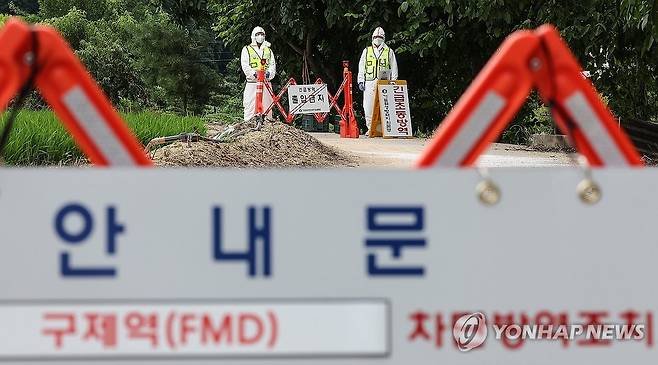 경북 예천서 구제역 발생 (예천=연합뉴스) 윤관식 기자 = 경북에서 11년 만에 구제역이 발생한 3일 경북 예천군 한 한우 축사 인근에서 방역 당국이 출입을 통제하고 있다. 2026.7.3 psik@yna.co.kr