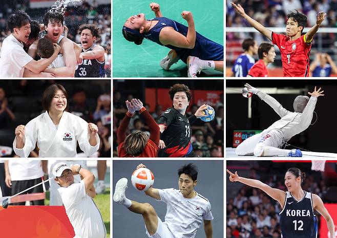 아시안게임의 영웅들 2026 아이치·나고야 아시안게임 주역들이 맹활약을 펼치는 장면들. 16일간 이어진 이번 아시안게임에서 한국은 금메달 39개, 은메달 43개, 동메달 68개를 따내 중국(금 169개·은 89개·동 83개), 일본(금 83개·은 95개·동 91개)에 이어 3위에 올랐다. 뉴스1