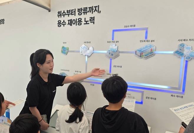 3일 경기 용인시 용인미르스타디움에서 열린 ‘2026 용인 사이버 과학축제’에 마련된 삼성전자 전시 부스에서 지역 청소년들이 반도체 용수 재이용 과정에 대한 설명을 듣고 있다. 삼성전자