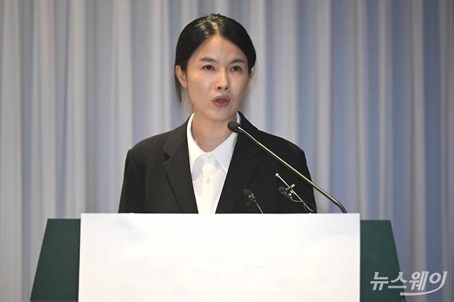 최주희 티빙 대표이사가 3일 오후 서울 중구 코리아나호텔에서 진행된 '티빙 사이버 침해사고 정보보안 강화 및 고객 보상 설명회'에서 발표하고 있다. 사진=강민석 기자