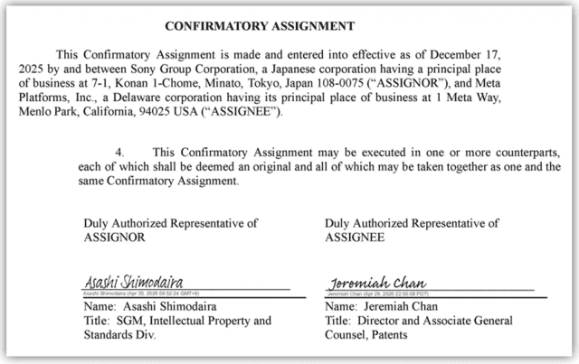 소니와 메타가 지난 2025년 12월 체결한 확인 양도증(Confirmatory Assignment) 계약에 따르면, 이번 양수도 대상인 전 세계 특허는 419건이다. 이 가운데 미국 특허는 180건이다. 나머지 239건은 일본과 중국, 한국, 유럽 등에 출원(신청)한 특허다.(자료=미국 특허상표청)