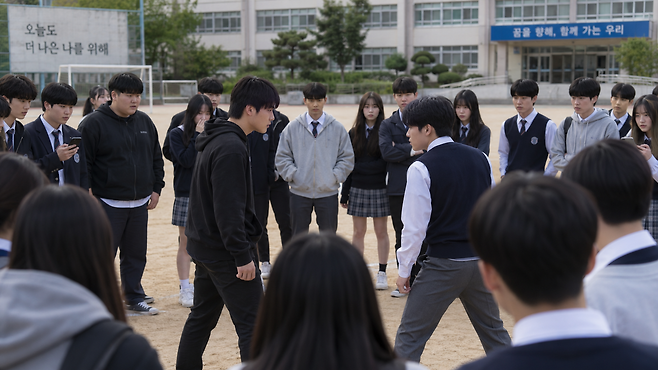 힘이 센 학생이 약한 학생들을 모아 싸움을 붙이고 이를 촬영해 인터넷에 올리거나 영상을 판매하는 이른바 ‘야차룰’ 형태의 학교폭력이 학교 현장에서 나타나고 있다. 사진은 학생들 간 대치하는 모습. [AI로 제작]