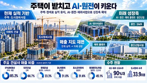 주택·정비사업에서 AI 데이터센터와 원전·SMR 등 비주택 사업으로 성장축을 넓히는 국내 주요 건설사들의 사업구조 [사진=Chatgpt]