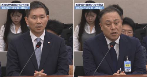 김찬호 CJ제일제당 대표이사(사진 왼쪽)와 이운익 삼양사 대표가 7일 서울 여의도 국회에서 열린 농림축산식품해양수산위원회의 농림축산식품부 등에 대한 국정감사에서 발언하고 있다. [사진=국회방송 갈무리]