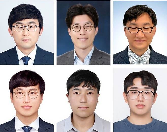 윗줄 왼쪽부터 양주찬 한국재료연구원 책임연구원, 안지환 포항공과대학교 교수, 이호식 울산과학기술원 교수. 아랫줄 왼쪽부터 윤기용 한국재료연구원 박사, 김현민 포항공과대학교 박사, 이경복 한국재료연구원 석박통합과정생.