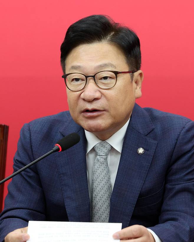 정점식 국민의힘 원내대표가 8일 서울 여의도 국회에서 열린 최고위원회의에서 발언하고 있다. 2026.10.08. 뉴시스