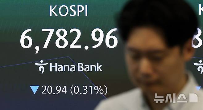 [서울=뉴시스] 김선웅 기자 = 코스피가 전 거래일보다 4.78포인트(0.07%) 오른 6808.06포인트에 거래를 시작한 8일 서울 중구 하나은행 본점 딜링룸 전광판에서 시황이 표출되고 있다. 코스피는 상승 출발 후 6800선 아래로 하락했다. 2026.10.08. mangusta@newsis.com