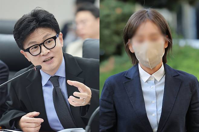 무소속 한동훈 의원(왼쪽)이 지난 7일 서울 종로구 남북회담본부에서 열린 외교통일위원회 국정감사에서 정동영 통일부 장관에게 질의하고 있다. 오른쪽은 김승원 전 법무부 장관 후보에 ‘신약 청탁’을 했다는 의혹을 받는 브로커 양모씨가 지난달 15일 서울 마포구 서울서부지방법원에서 열린 뇌물공여 혐의 공판기일에 출석하는 모습. 연합뉴스