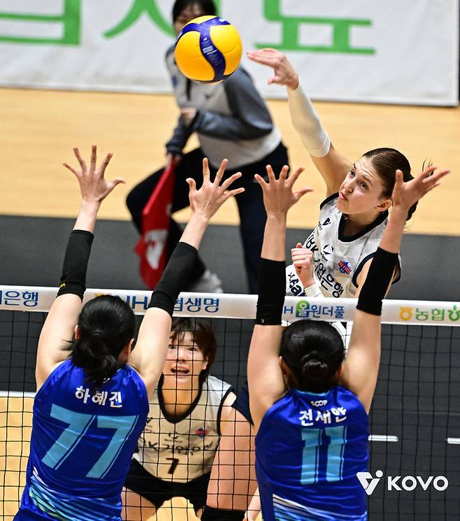 [서울=뉴시스] 여자 프로배구 IBK기업은행의 빅토리아가 11일 전남광주 여주의 진남체육관에서 열린 2026 여수 NH농협컵 프로배구대회 여자부 조별리그 A조 1차전에서 SOOP을 상대로 공격을 시도하고 있다. (사진=KOVO 제공) 2026.10.11. *재판매 및 DB 금지