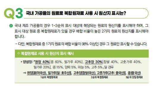 국내 가공품 원료의 원산지 표시 방법 [농식품 원산지 표시제 질의응답집 캡처. 재판매 및 DB 금지]