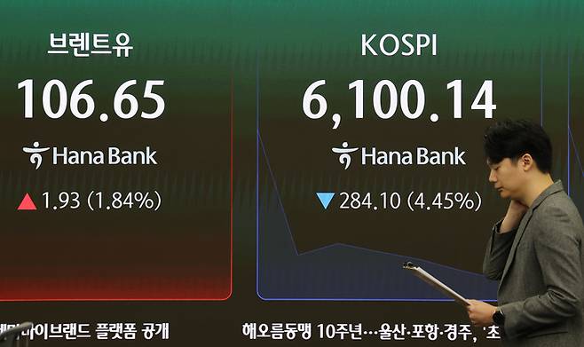 13일 서울 중구 하나은행 본점 딜링룸 전광판에 코스피 및 국제유가가 표시돼 있다.[연합뉴스]
