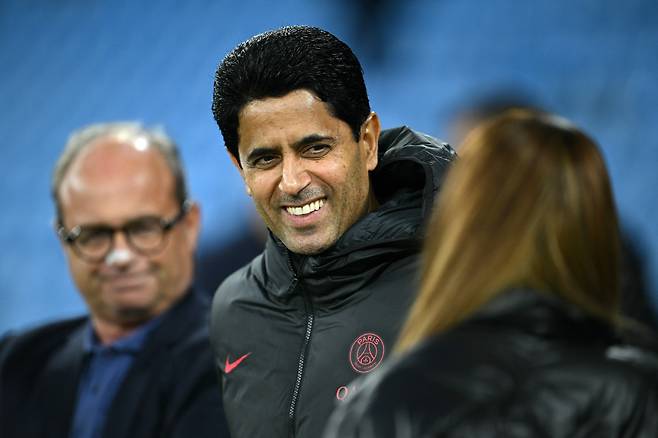 PSG President Nasser Al-Khelaifi attends a training session at the Etihad Stadium in Manchester, north-west England, on October 13, 2026, on the eve of their UEFA Champions League, league phase football match against Manchester City. (Photo by Oli SCARFF / AFP)  <저작권자(c) 연합뉴스, 무단 전재-재배포, AI 학습 및 활용 금지>